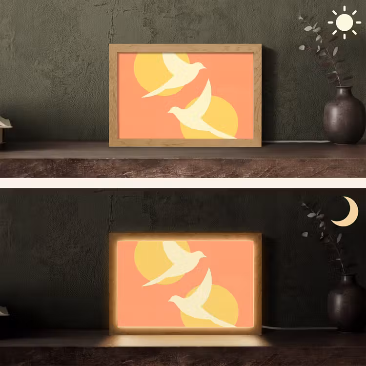 Vogels - Cirkels - Geel Light Box met kabel (Tafellamp) klein -sfeer3