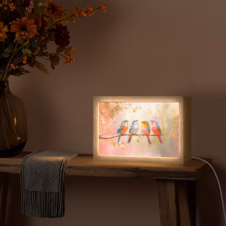 Vogels - Kleurrijk - Tak Light Box met kabel (Tafellamp) klein -sfeer4