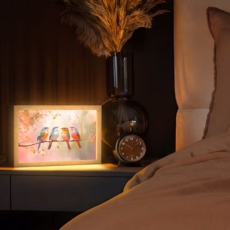 Vogels - Kleurrijk - Tak Light Box met kabel (Tafellamp) klein -sfeer1