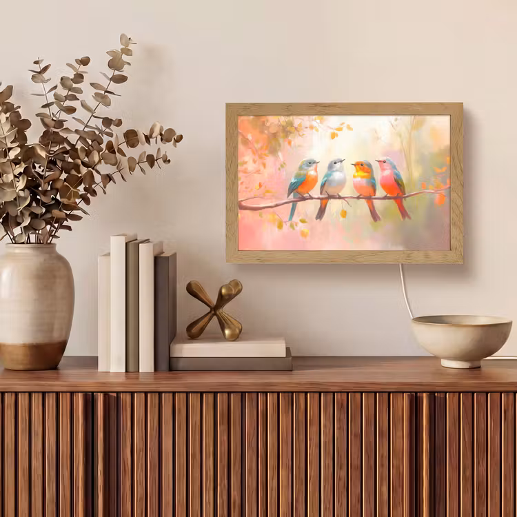 Vogels - Kleurrijk - Tak Light Box met kabel (Tafellamp) klein -sfeer2