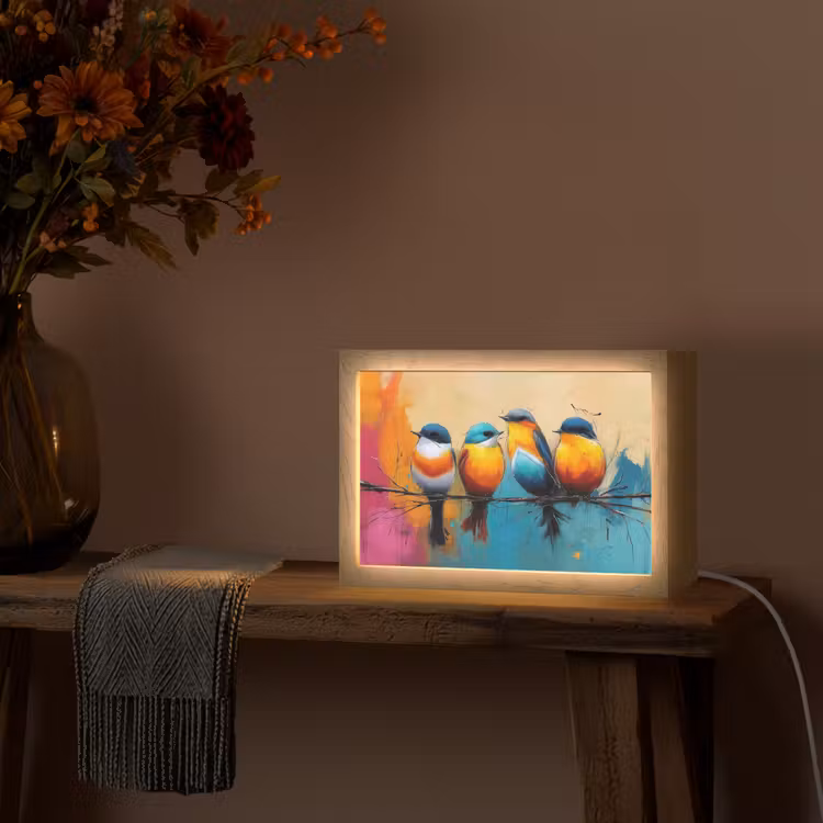 Vogels - Kleurrijk - Tak - Abstract Light Box met kabel (Tafellamp) klein -sfeer4