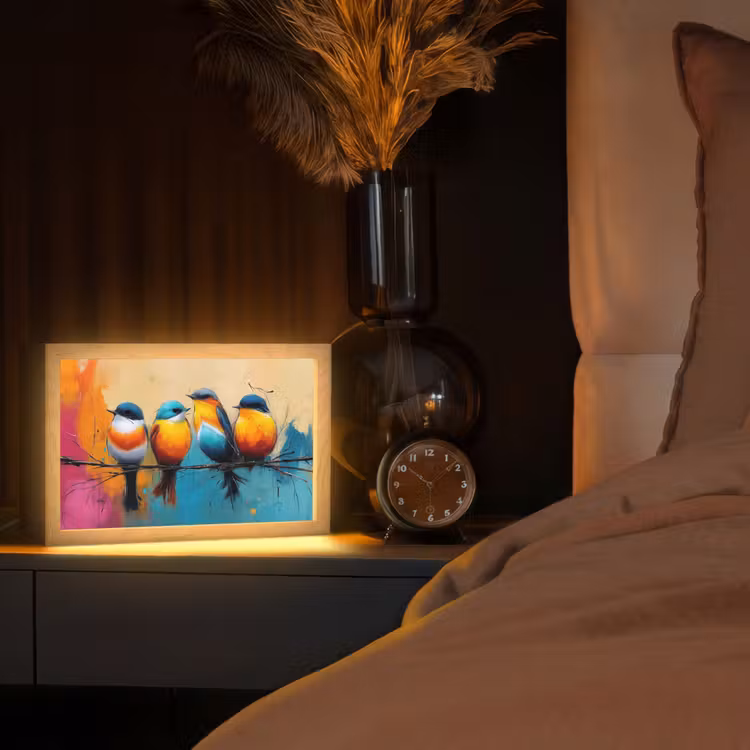 Vogels - Kleurrijk - Tak - Abstract Light Box met kabel (Tafellamp) klein -sfeer1