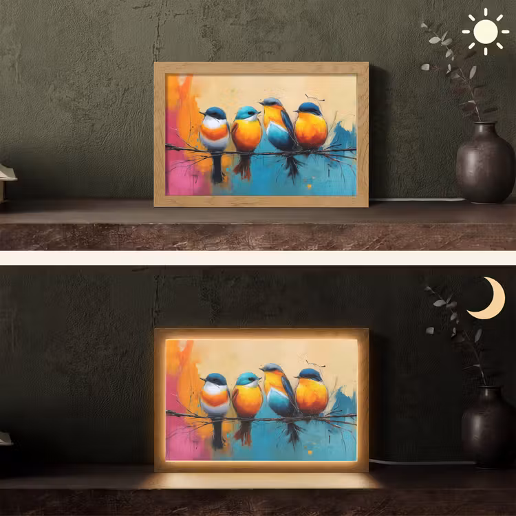 Vogels - Kleurrijk - Tak - Abstract Light Box met kabel (Tafellamp) klein -sfeer3