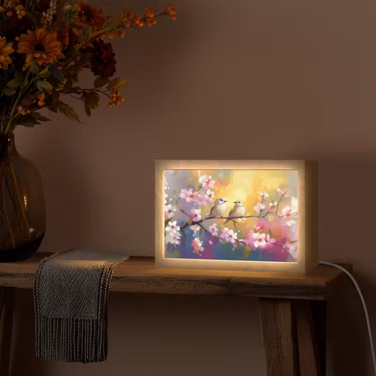 Vogels - Bloemen - Roze Light Box met kabel (Tafellamp) klein -sfeer4