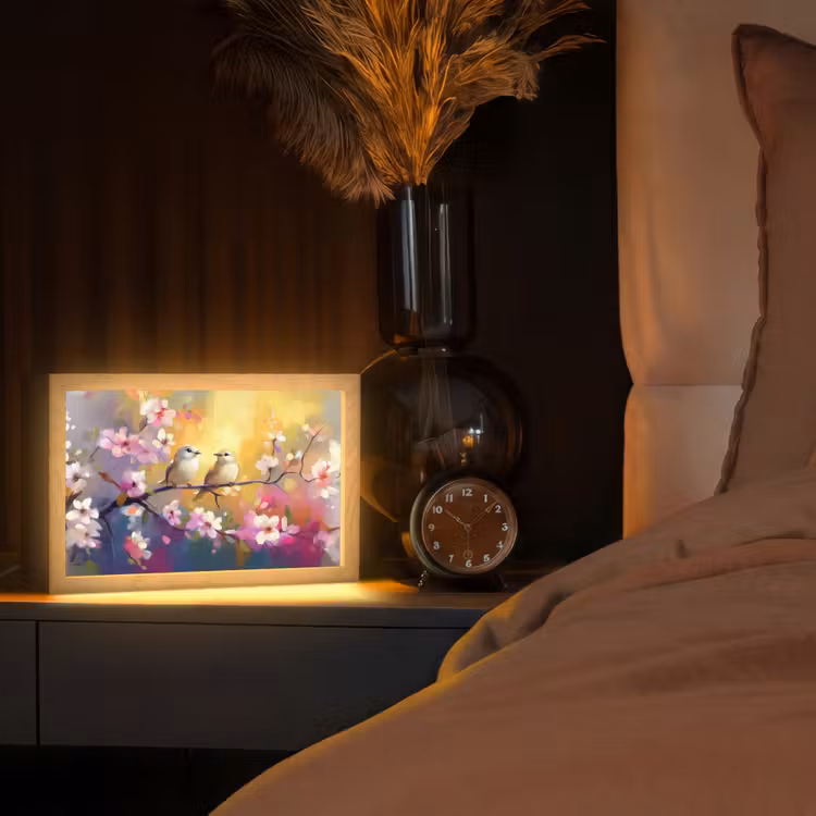 Vogels - Bloemen - Roze Light Box met kabel (Tafellamp) klein -sfeer1
