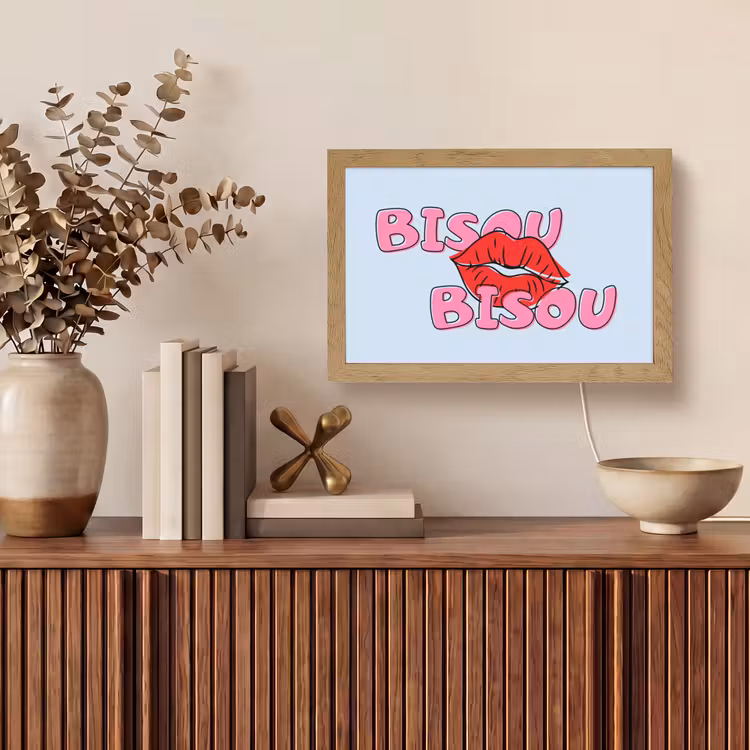 Bisou - Blauw - Roze - Lippen Light Box met kabel (Tafellamp) klein -sfeer2