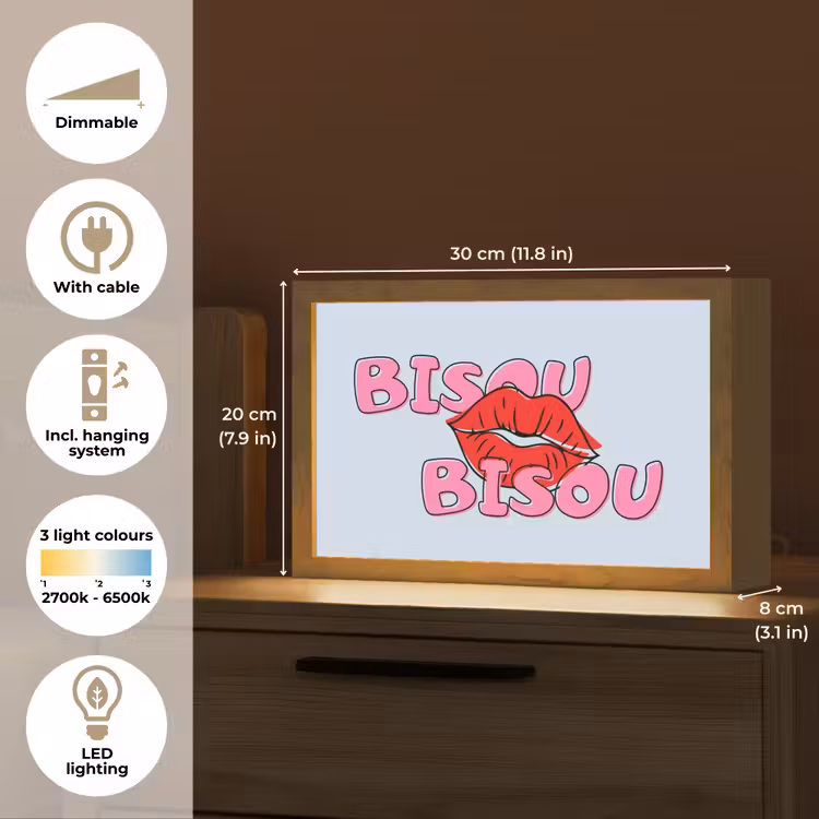 Bisou - Blauw - Roze - Lippen Light Box met kabel (Tafellamp) klein -USP_EN