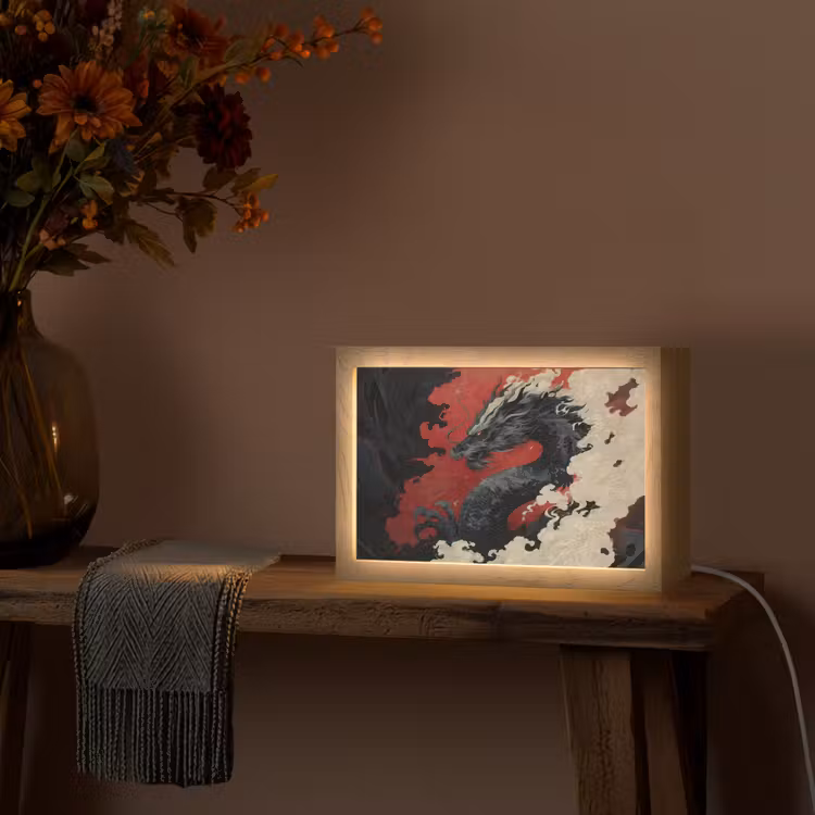 Zwarte draak - Rookwolken - Rood Light Box met kabel (Tafellamp) klein -sfeer4