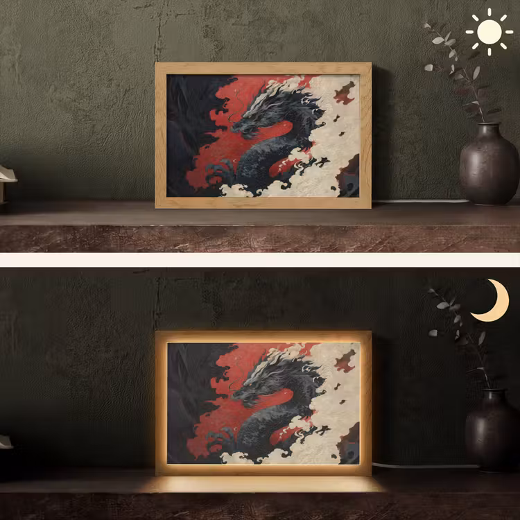 Zwarte draak - Rookwolken - Rood Light Box met kabel (Tafellamp) klein -sfeer3