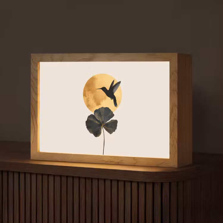 Zwarte kolibrie - Bloem - Gouden cirkel Light Box met kabel (Tafellamp) klein -z3d_website