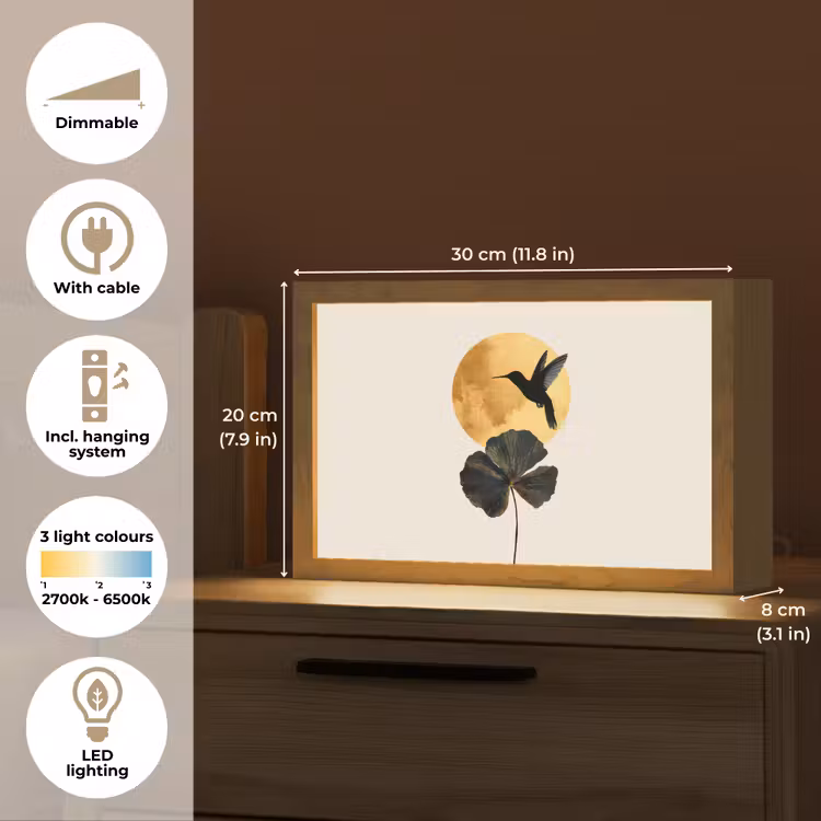 Zwarte kolibrie - Bloem - Gouden cirkel Light Box met kabel (Tafellamp) klein -USP_EN