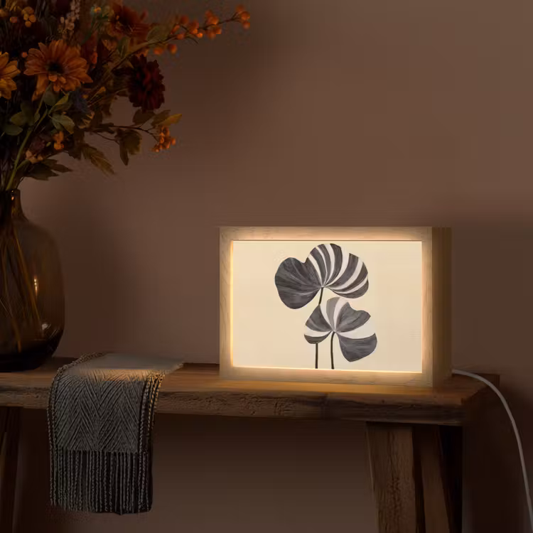 Zwart - Bladeren - Strepen - Minimalistisch Light Box met kabel (Tafellamp) klein -sfeer4