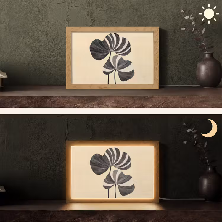 Zwart - Bladeren - Strepen - Minimalistisch Light Box met kabel (Tafellamp) klein -sfeer3