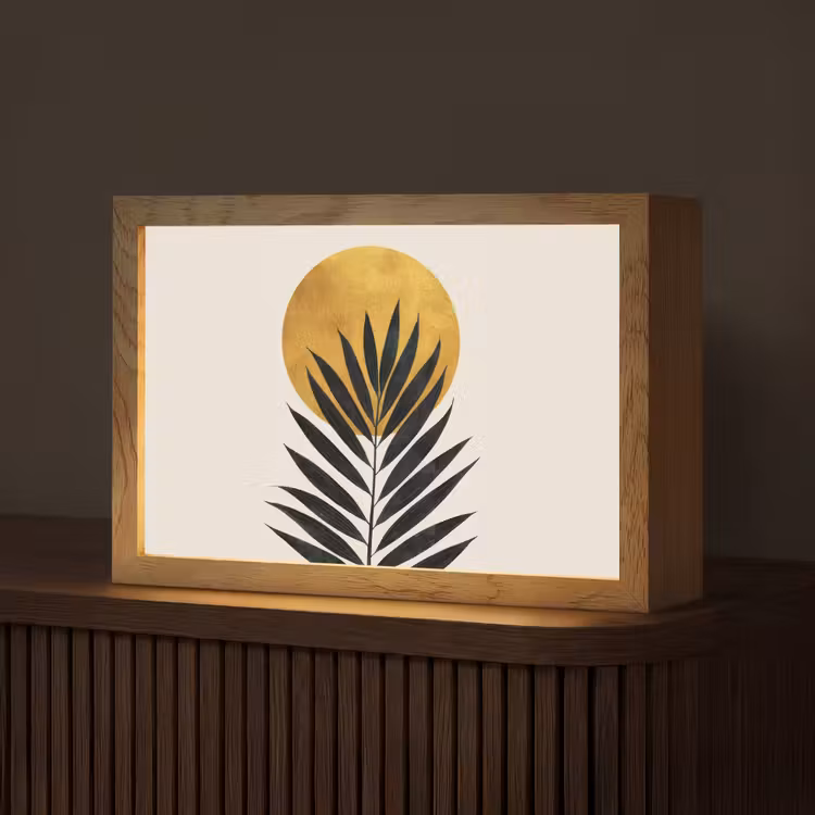 Zwart palmblad - Gouden cirkel - Beige achtergrond Light Box met kabel (Tafellamp) klein -z3d_website