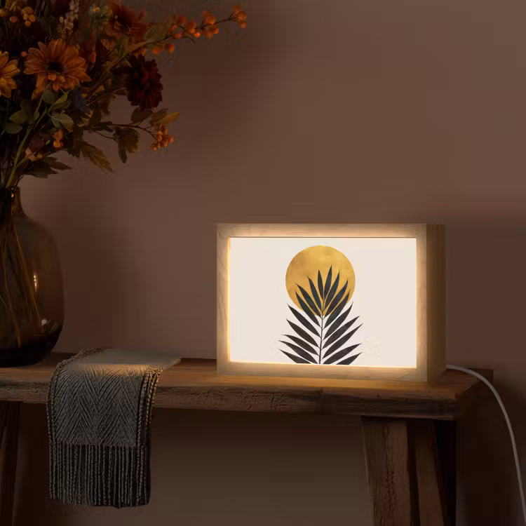 Zwart palmblad - Gouden cirkel - Beige achtergrond Light Box met kabel (Tafellamp) klein -sfeer4
