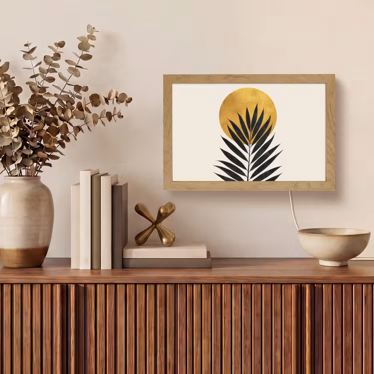 Zwart palmblad - Gouden cirkel - Beige achtergrond Light Box met kabel (Tafellamp) klein -sfeer2