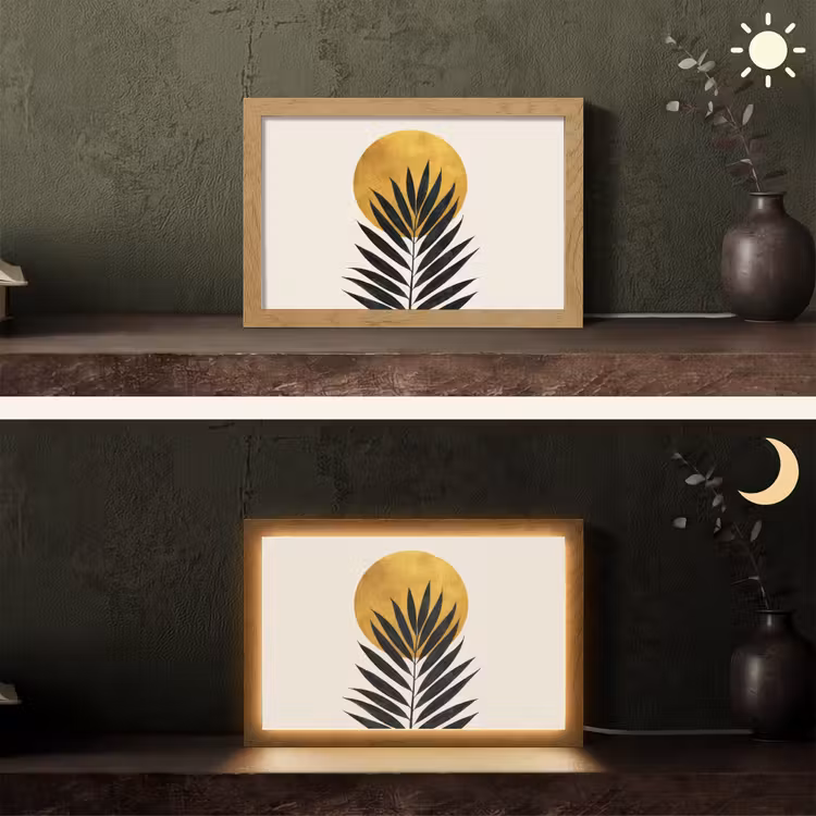 Zwart palmblad - Gouden cirkel - Beige achtergrond Light Box met kabel (Tafellamp) klein -sfeer3