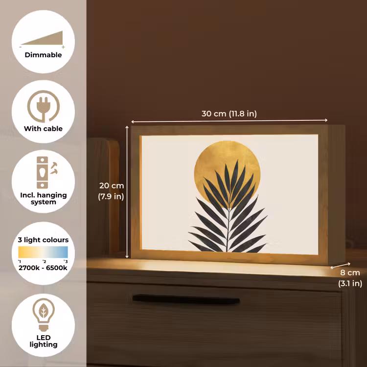 Zwart palmblad - Gouden cirkel - Beige achtergrond Light Box met kabel (Tafellamp) klein -USP_EN