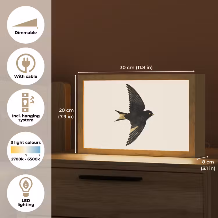 Zwarte zwaluw - Gouden accenten - Lichte achtergrond Light Box met kabel (Tafellamp) klein -USP_EN