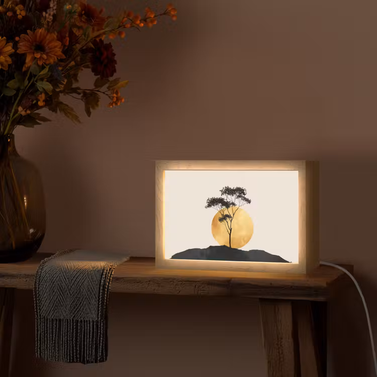 Zwarte boom - Gouden cirkel - Heuvel Light Box met kabel (Tafellamp) klein -sfeer4