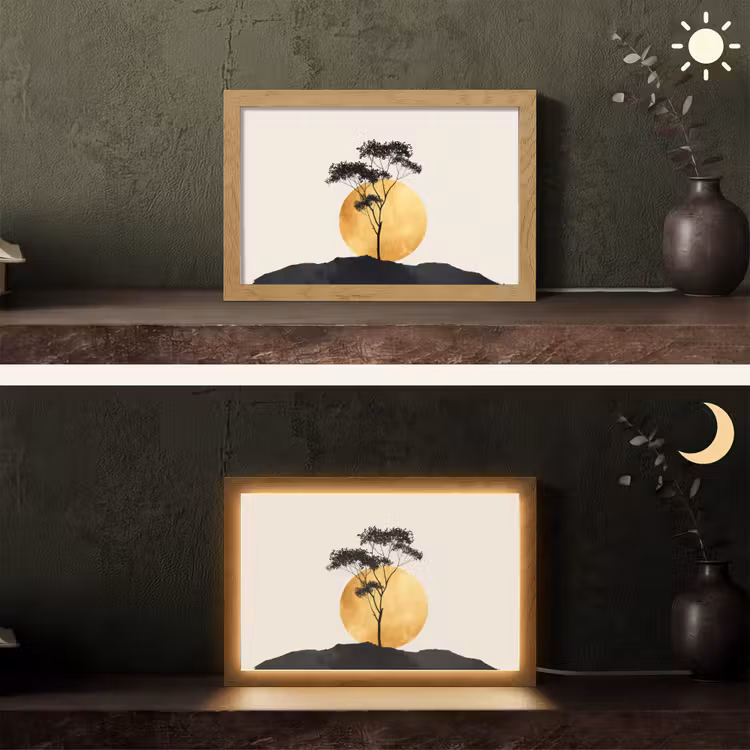 Zwarte boom - Gouden cirkel - Heuvel Light Box met kabel (Tafellamp) klein -sfeer3