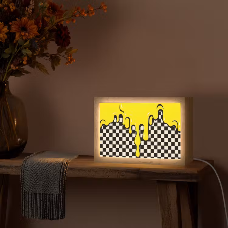Geblokt - Grafisch - Vloeistof - Geel Light Box met kabel (Tafellamp) klein -sfeer4