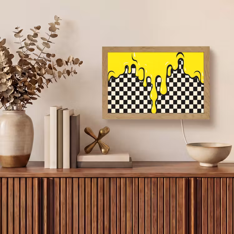 Geblokt - Grafisch - Vloeistof - Geel Light Box met kabel (Tafellamp) klein -sfeer2