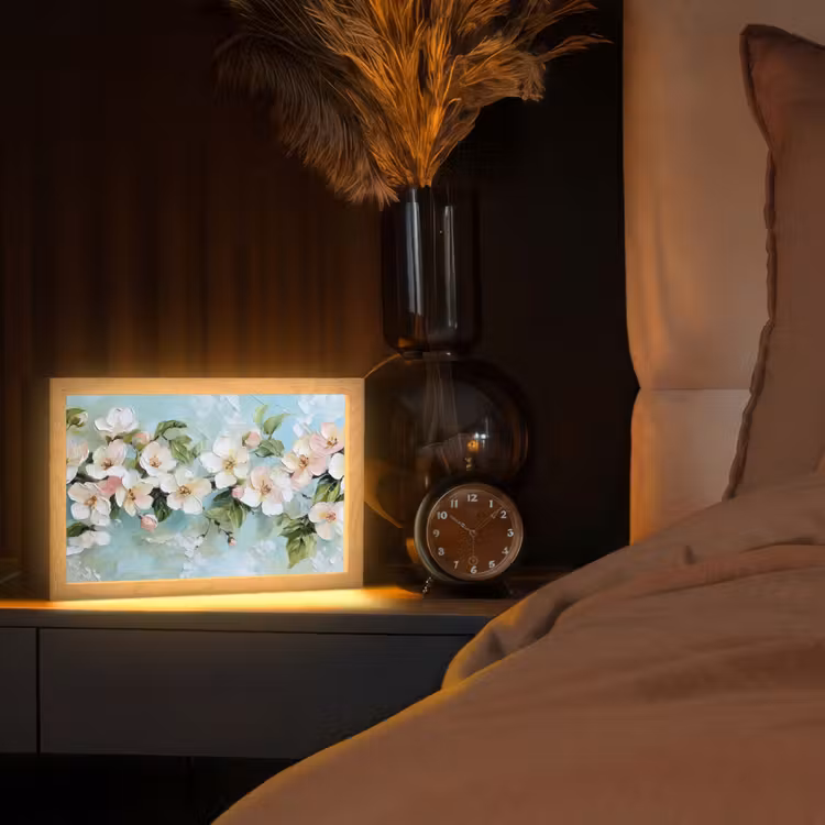 Bloesem - Bladeren - Lichtblauw Light Box met kabel (Tafellamp) klein -sfeer1