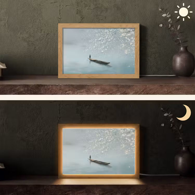 Bloesems - Minimalistisch - Wateroppervlak - Boot Light Box met kabel (Tafellamp) klein -sfeer3