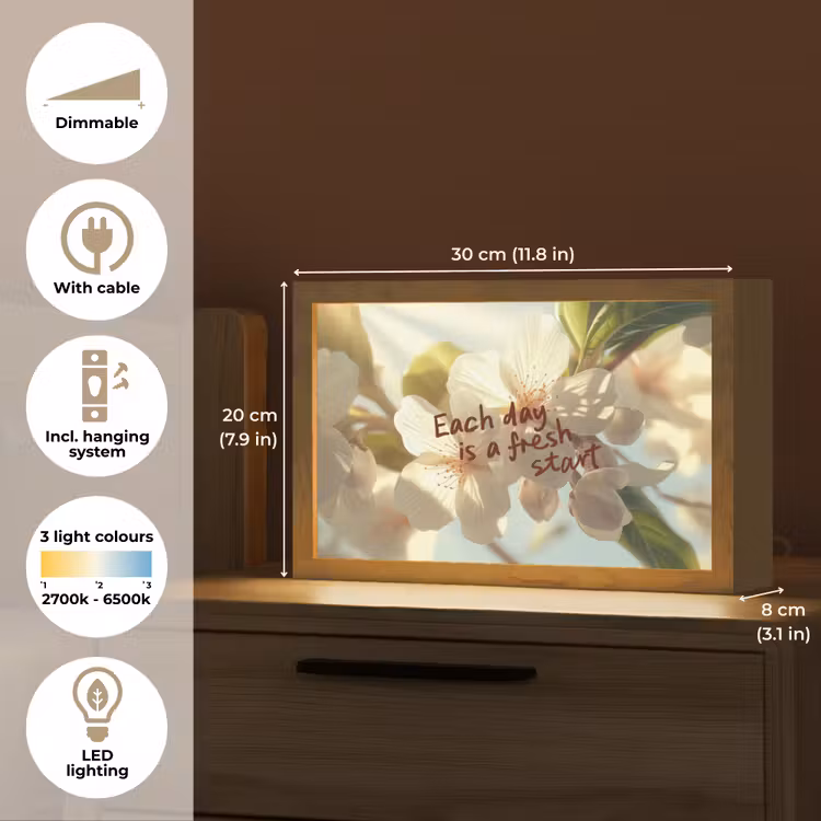 Bloesems - Zonlicht - Quote - Wit Light Box met kabel (Tafellamp) klein -USP_EN