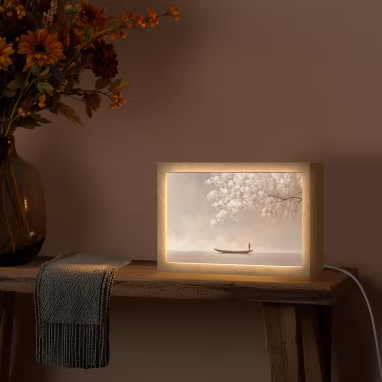 Bloesems - Wit - Boot - Minimalistisch Light Box met kabel (Tafellamp) klein -sfeer4