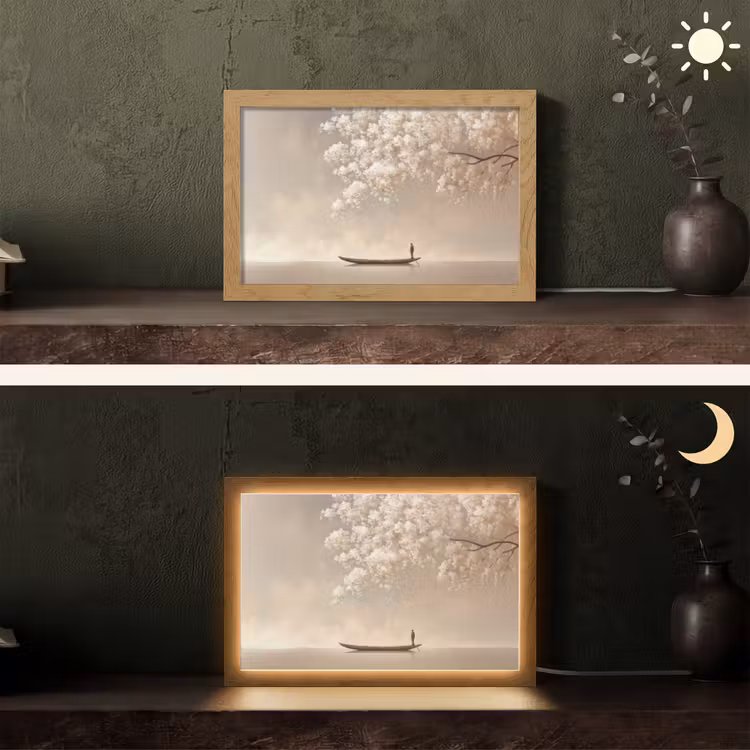 Bloesems - Wit - Boot - Minimalistisch Light Box met kabel (Tafellamp) klein -sfeer3