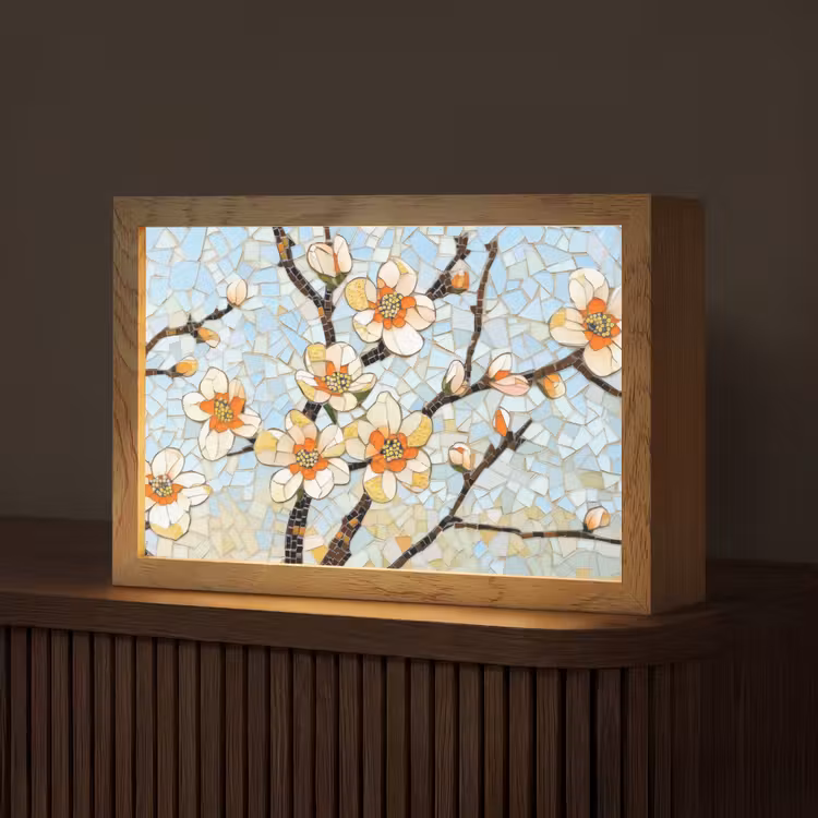 Bloesems - Wit - Mozaïek - Tak Light Box met kabel (Tafellamp) klein -z3d_website