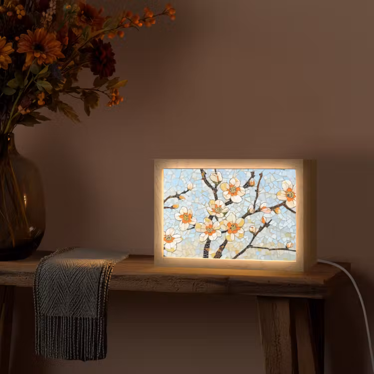 Bloesems - Wit - Mozaïek - Tak Light Box met kabel (Tafellamp) klein -sfeer4