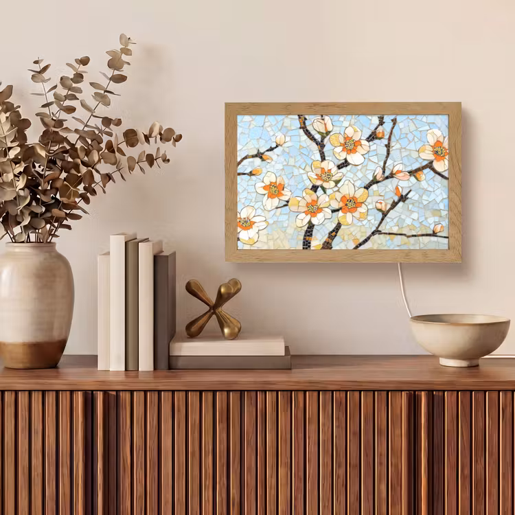 Bloesems - Wit - Mozaïek - Tak Light Box met kabel (Tafellamp) klein -sfeer2