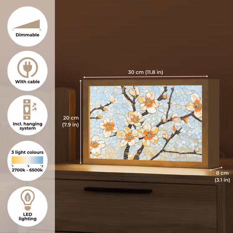 Bloesems - Wit - Mozaïek - Tak Light Box met kabel (Tafellamp) klein -USP_EN