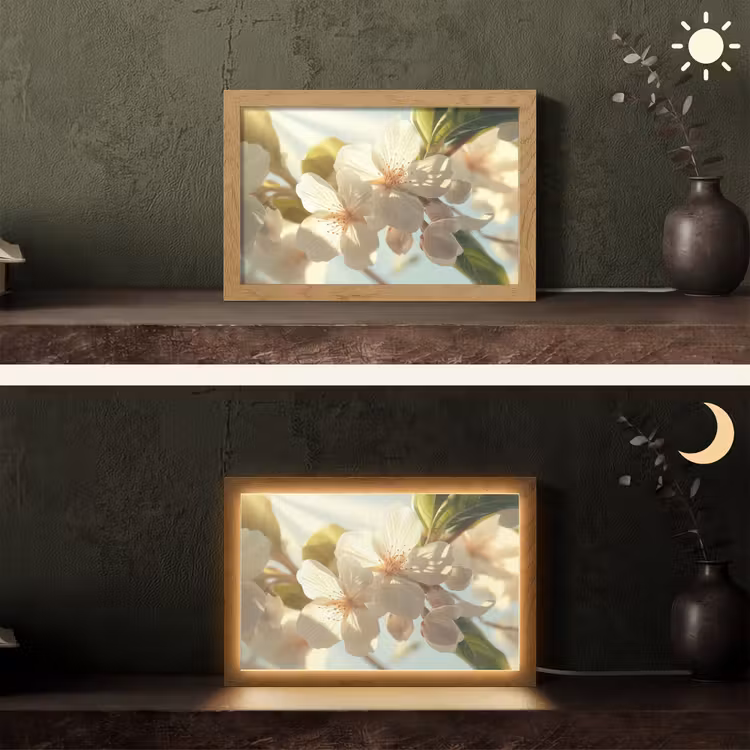 Bloesems - Wit - Zonnestralen - Bloemblaadjes Light Box met kabel (Tafellamp) klein -sfeer3