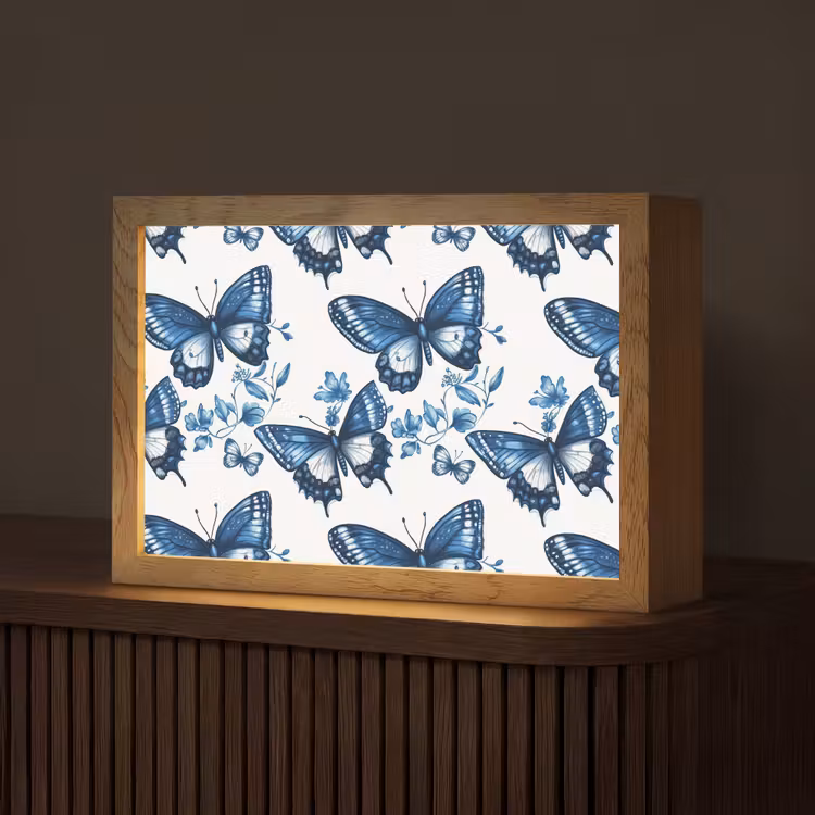 Blauw - Vlinders - Bloemen - Wit Light Box met kabel (Tafellamp) klein 924 -z3d_website