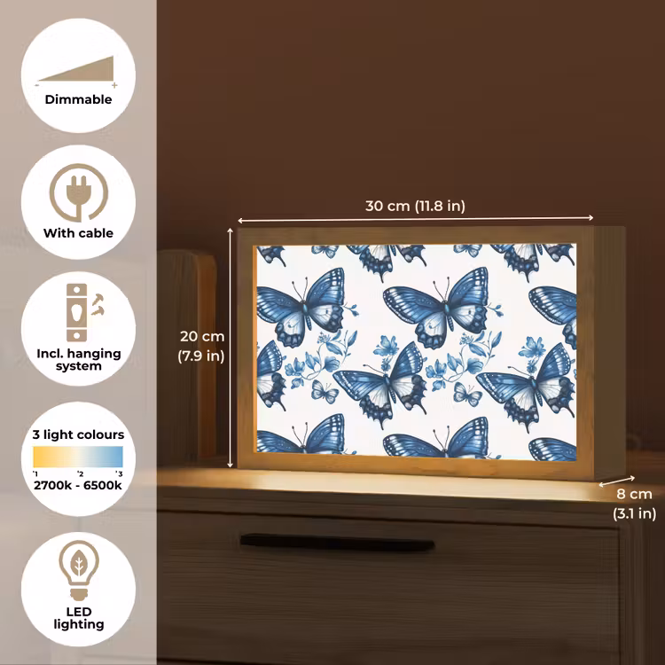 Blauw - Vlinders - Bloemen - Wit Light Box met kabel (Tafellamp) klein 924 -USP_EN