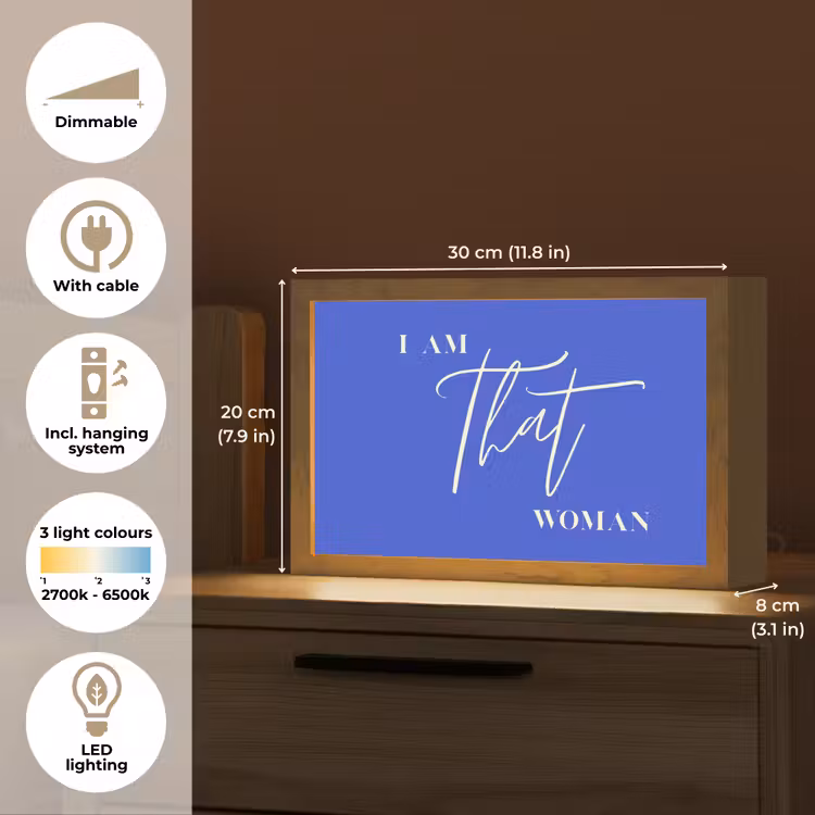 Blauw - I am that woman - Sierlijk - Minimalistisch Light Box met kabel (Tafellamp) klein -USP_EN