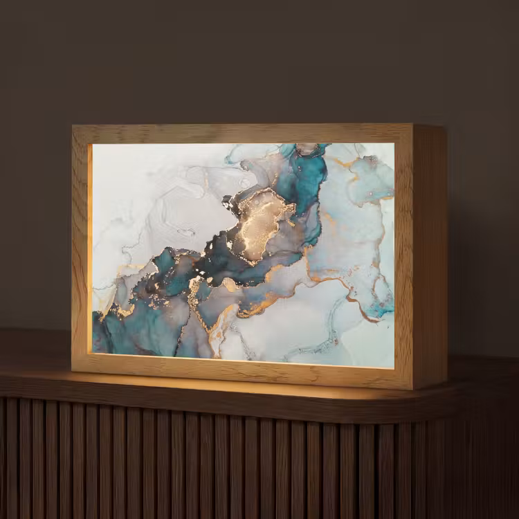 Marmer print - Goud - Blauw Light Box met kabel (Tafellamp) klein -z3d_website