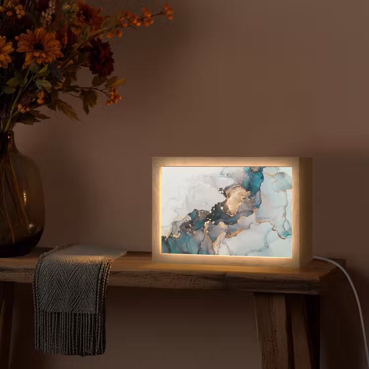 Marmer print - Goud - Blauw Light Box met kabel (Tafellamp) klein -sfeer4