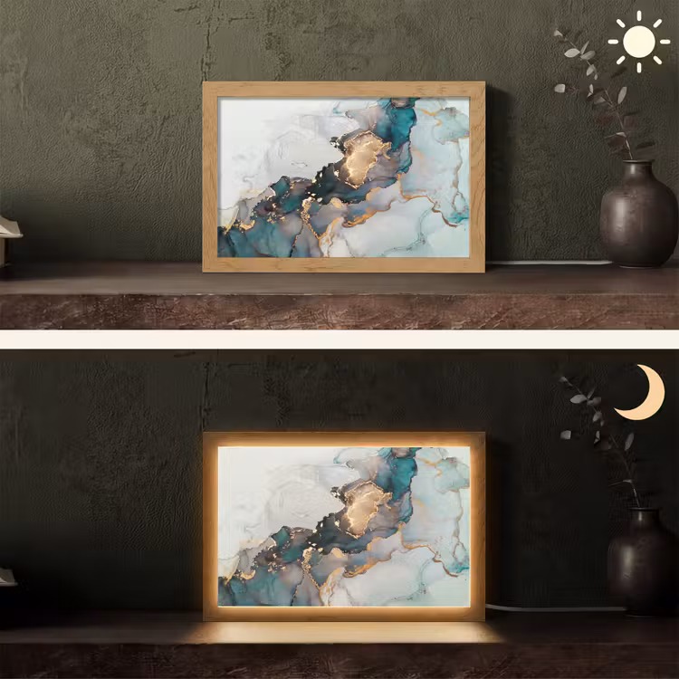 Marmer print - Goud - Blauw Light Box met kabel (Tafellamp) klein -sfeer3