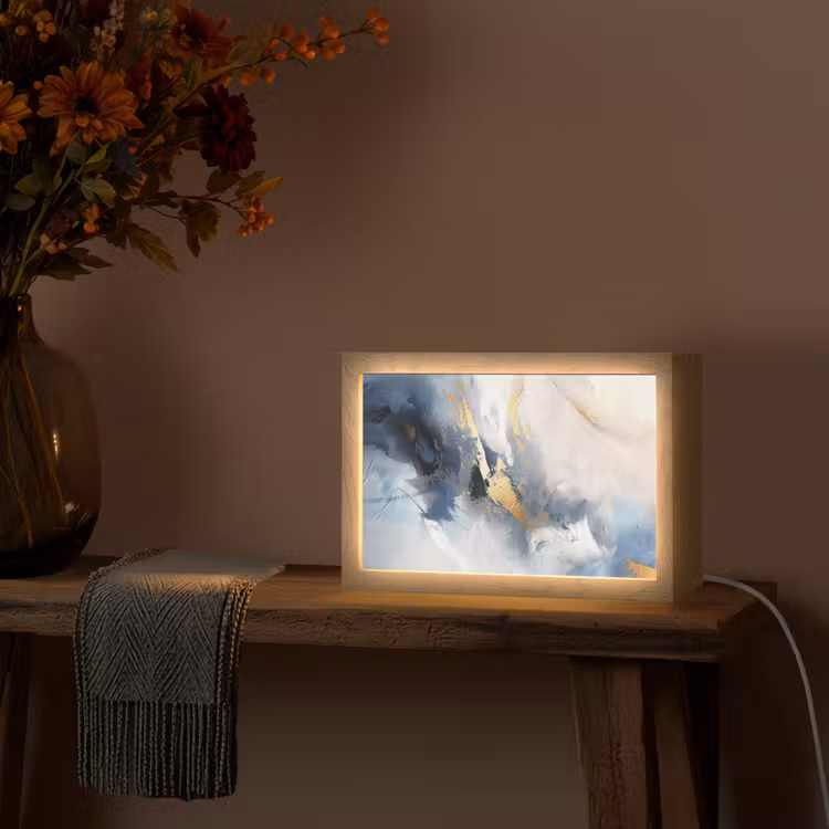 Blauw - Modern - Marmer - Abstract - Goud Light Box met kabel (Tafellamp) klein -sfeer4