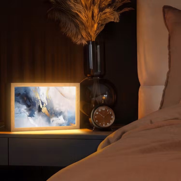Blauw - Modern - Marmer - Abstract - Goud Light Box met kabel (Tafellamp) klein -sfeer1