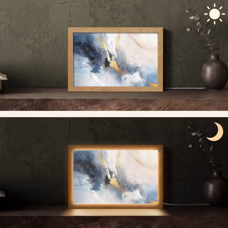 Blauw - Modern - Marmer - Abstract - Goud Light Box met kabel (Tafellamp) klein -sfeer3