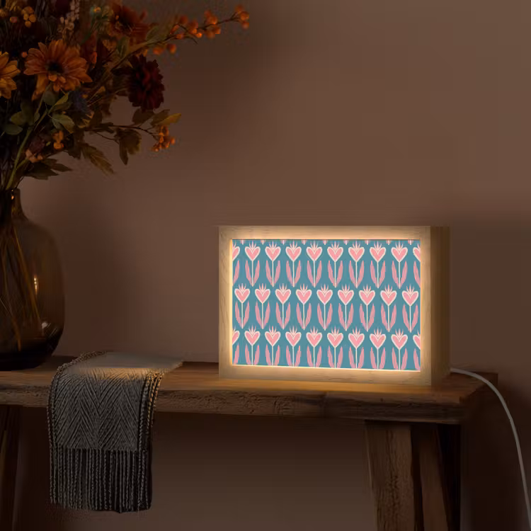 Blauw - Retro - Patroon - Hartjes Light Box met kabel (Tafellamp) klein 924 -sfeer4