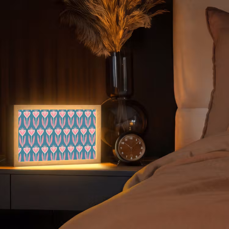 Blauw - Retro - Patroon - Hartjes Light Box met kabel (Tafellamp) klein 924 -sfeer1
