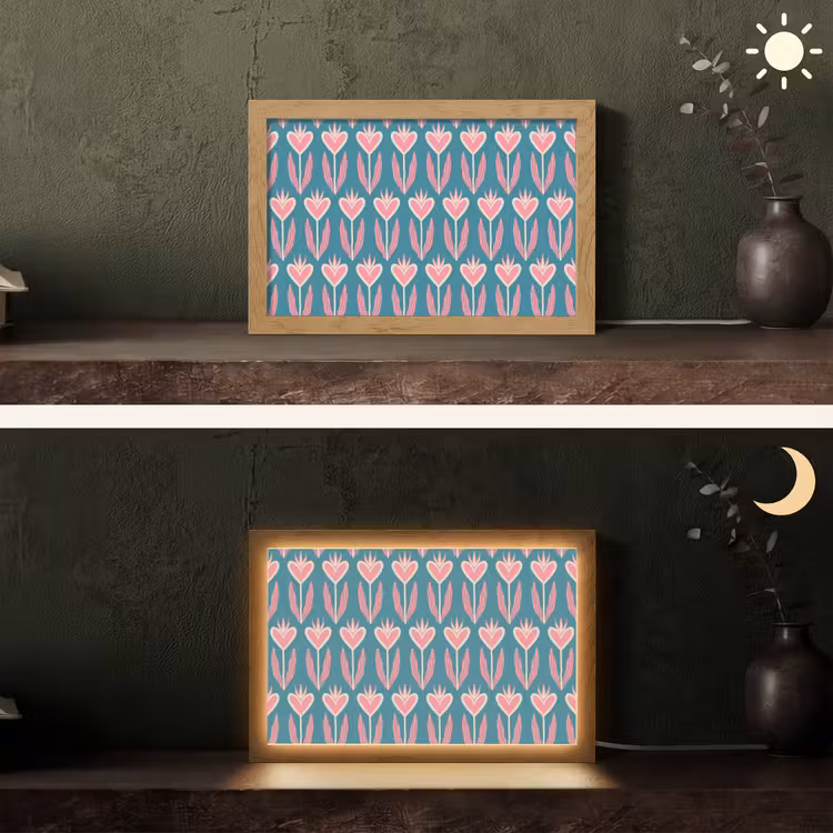 Blauw - Retro - Patroon - Hartjes Light Box met kabel (Tafellamp) klein 924 -sfeer3