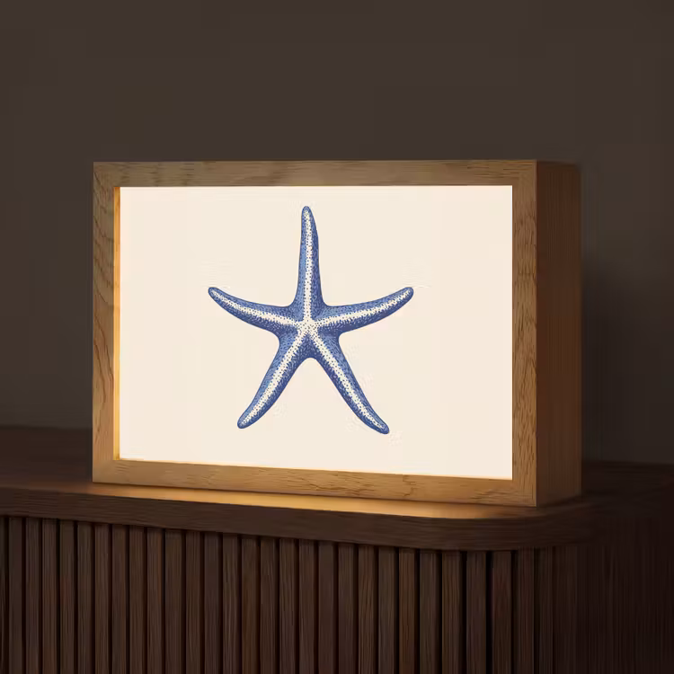 Blauwe zeester - Minimalistisch - Beige Light Box met kabel (Tafellamp) klein -z3d_website